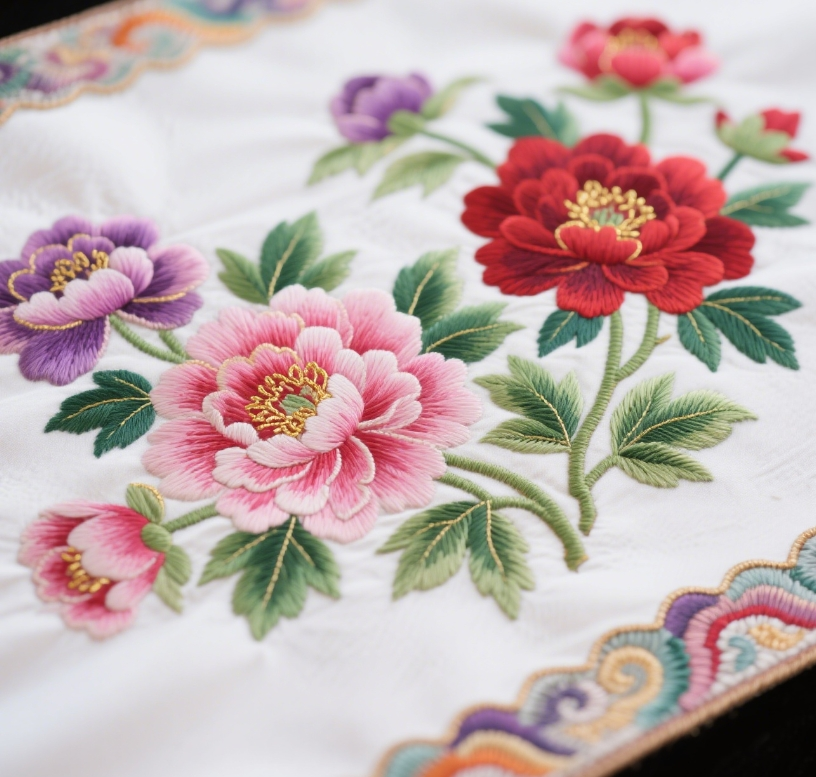 Motifs brodés colorés sur pochette à thé