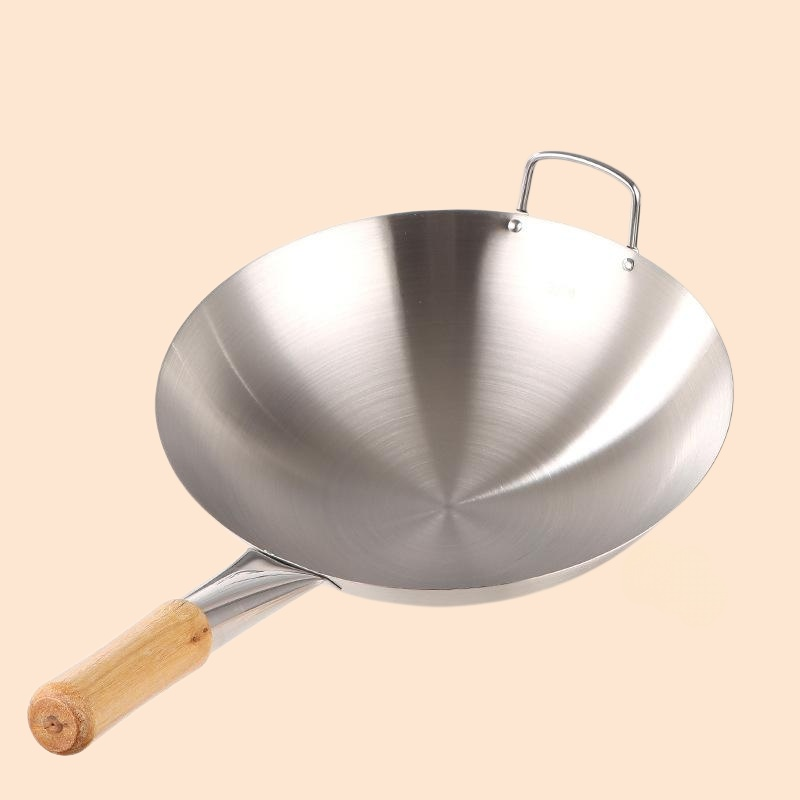 両耳と丸底のステンレス製フライパン、木製ハンドルと片手ハンドル、フライパン、大型大鍋、炒め用大鍋、田舎風大鍋