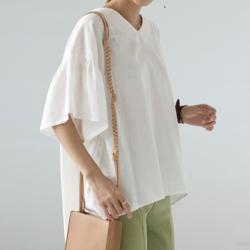 봄여름 한풍 ins 여성 상의 반팔 빅사이즈 루즈핏 셔츠 브이넥 프릴 숄더 블라우스