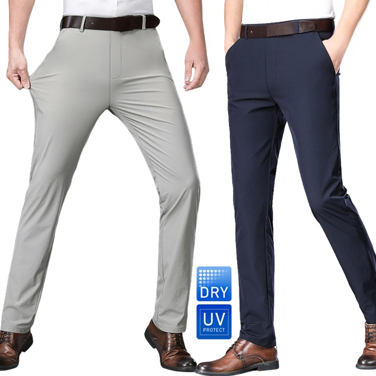 夏用アイスシルクカジュアルパンツ メンズ 薄手速乾通気ストレートビジネスカジュアルパンツ