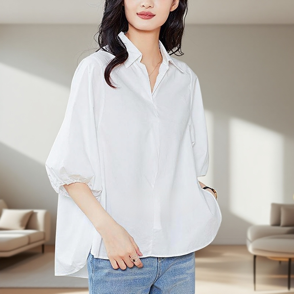 칼라 옆트임 칠부 블라우스 여 2025 봄여름 신상 캐주얼 코디 상의