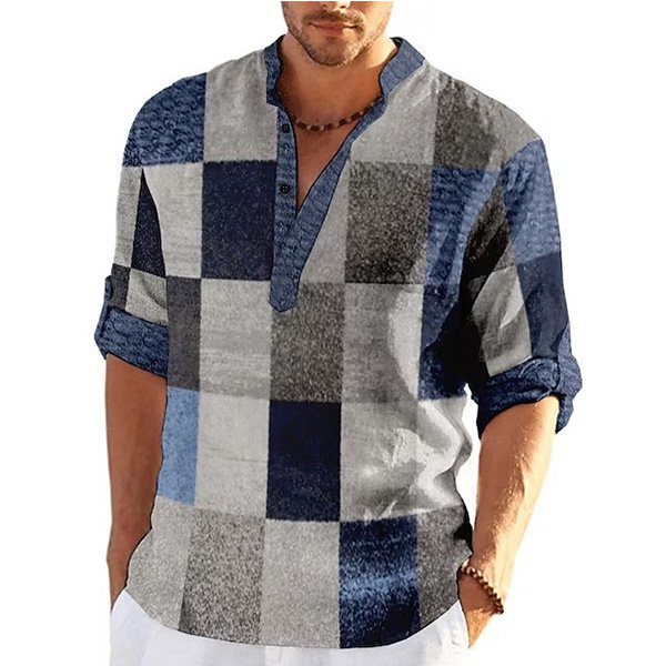 배색 프린트 하이넥 남성 캐주얼 셔츠