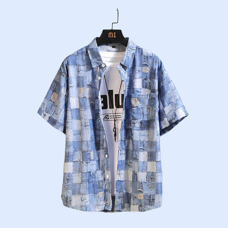 2025년 여름 신상 남성 체크 플라워 패치 반팔 셔츠 아우터