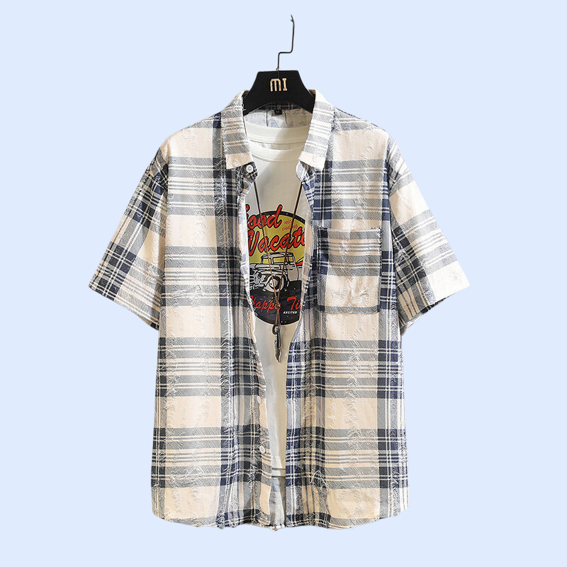 2025년 여름 신상 남성 체크 플라워 패치 반팔 셔츠 아우터