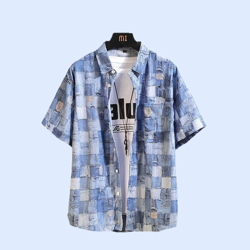 2025년 여름 신상 남성 체크 플라워 패치 반팔 셔츠 아우터