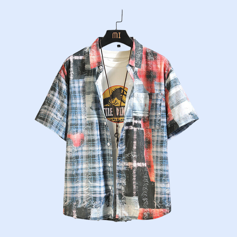 2025년 여름 신상 남성 체크 플라워 패치 반팔 셔츠 아우터