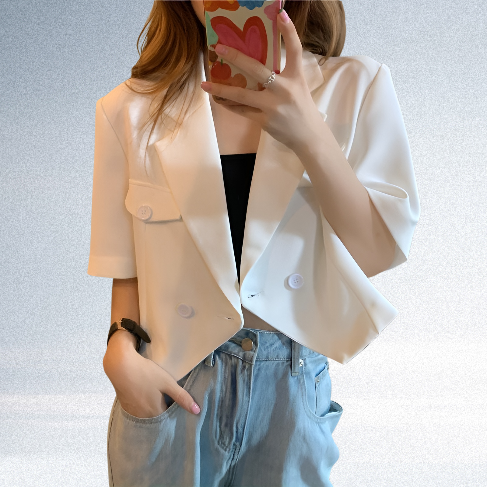 女性ルーズフィット半袖ショートスーツコート