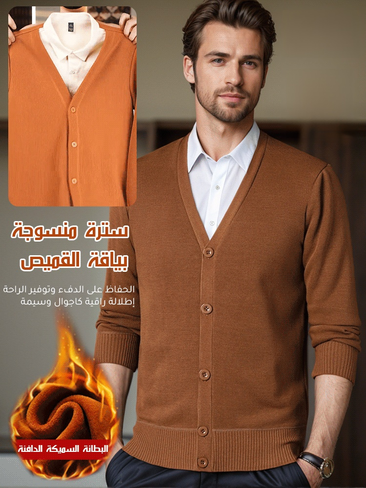 سترة منسوجة بياقة قميص وبطانة صوف سميكة للرجال 