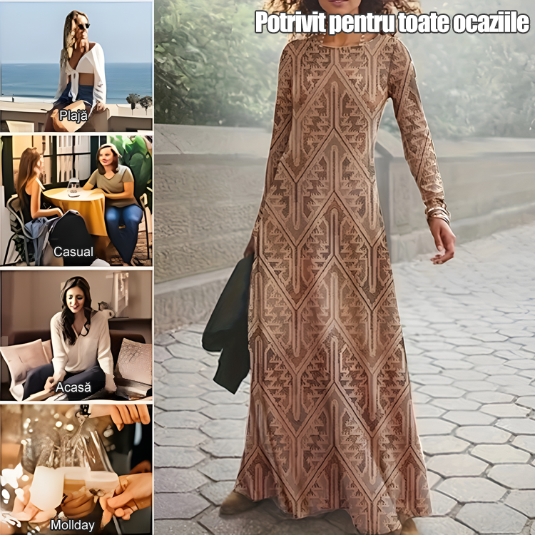 Rochie lungă cu mânecă lungă și guler rotund pentru toamnă și iarnă, versatilă