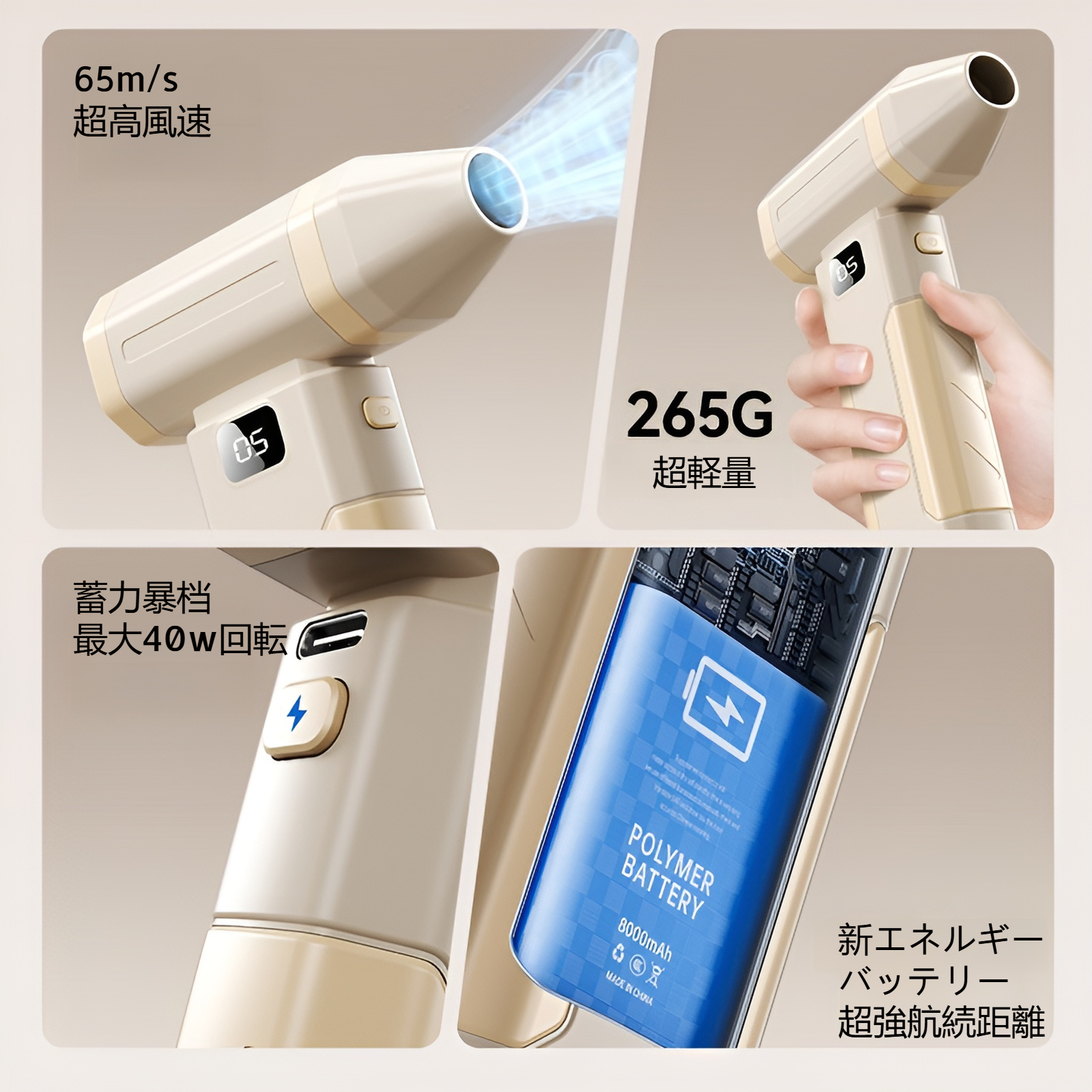 エアダスター ブロワー 超強力高速回転450000r/s 【超小型軽量化256ｇ】電動エアダスター 5段階風量調整 超強力 最大風速65m/s 6000mAh大容量バッテリー 充電式 エアダスター L