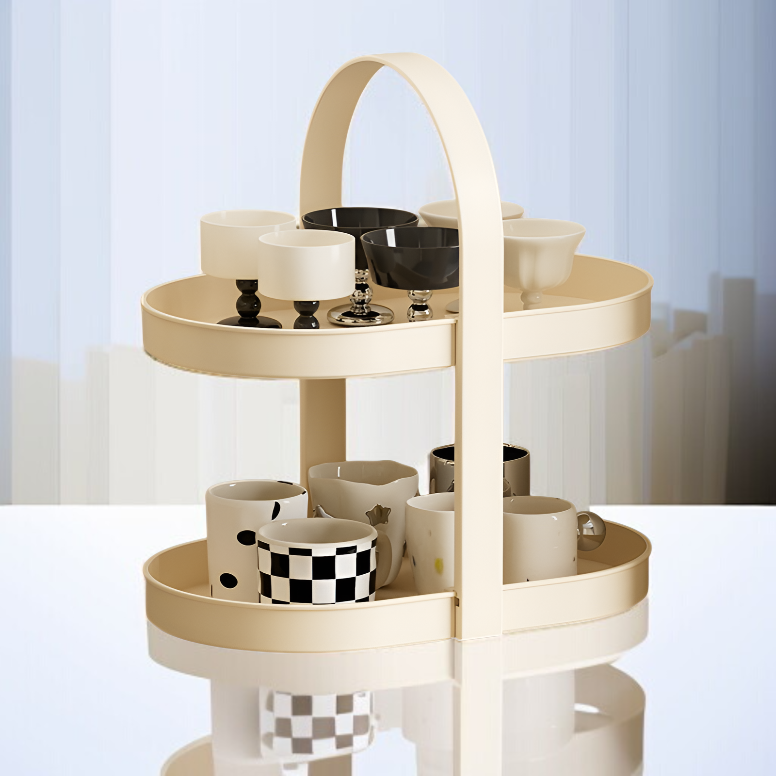 Elegant tea cup organizer with tray