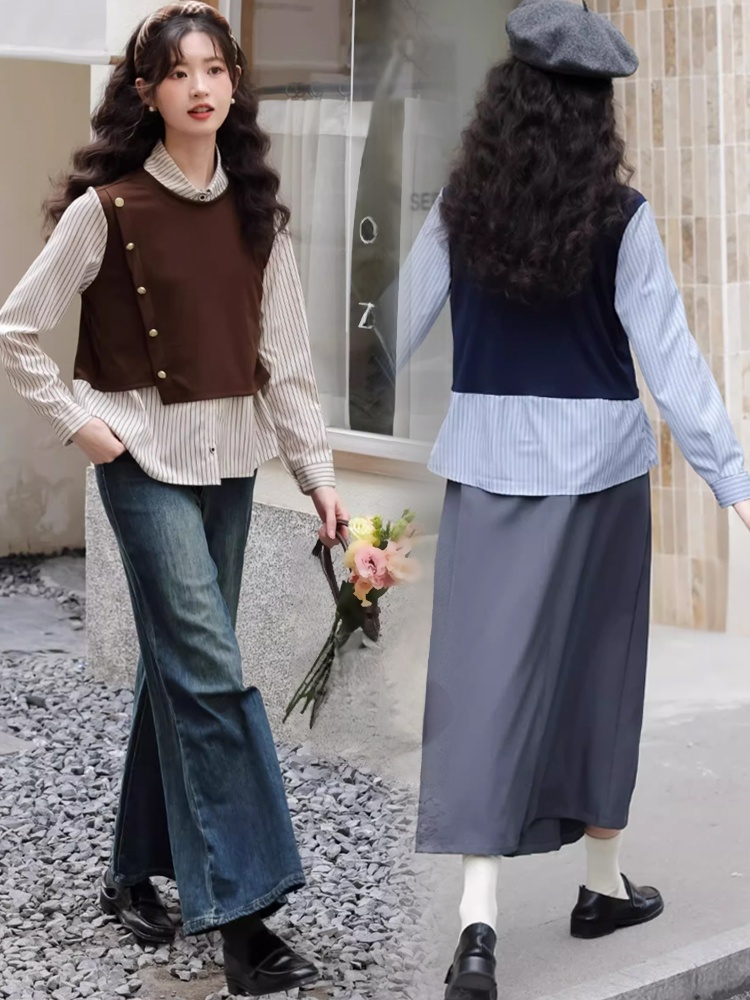 스트라이프 배색 페이크 레이어드 셔츠