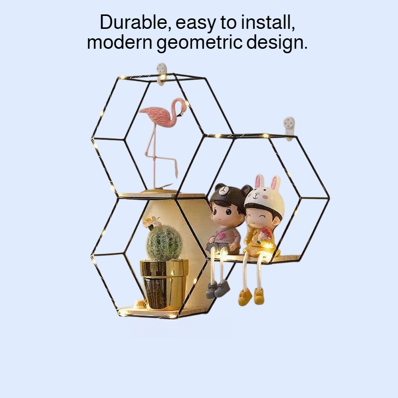 Nordic Style Hexagonal Iron Wall Shelf, Wall-Mounted Decoration for Bedroom and Dining Room
