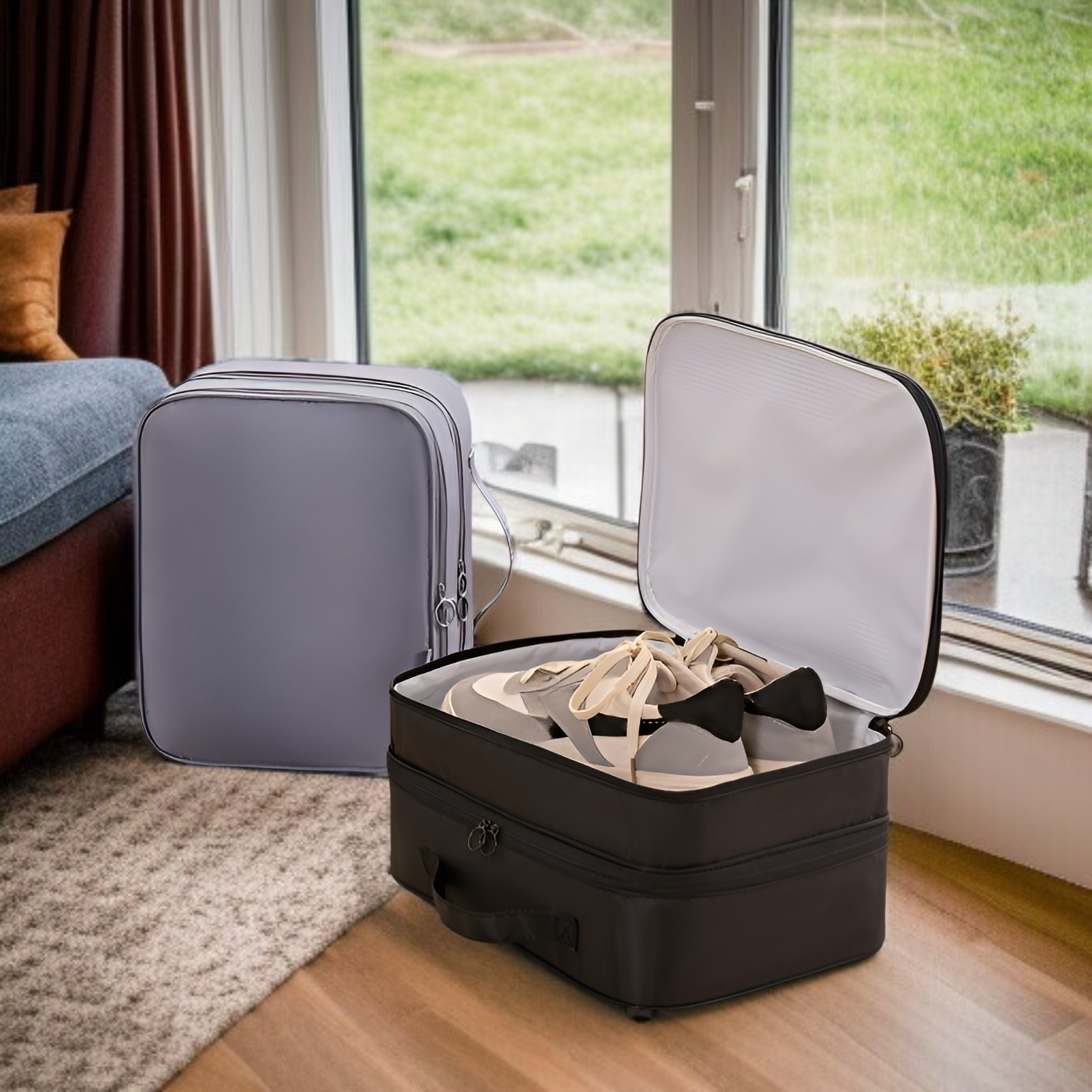 Bolsa de almacenamiento de zapatos de viaje plegable de tres capas y diseño tridimensional