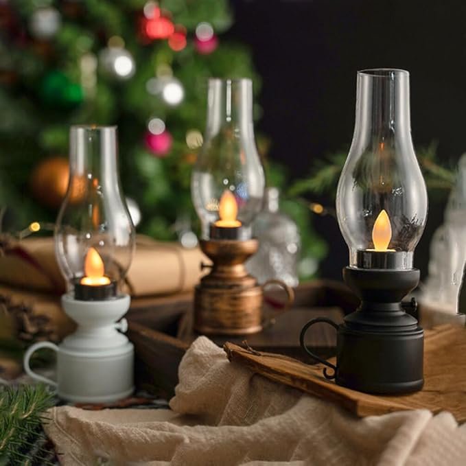 램프 빈티지 불꽃없는 테이블 램프 LED 등유 램프 투명 허리케인 램프 배터리 구동 침실 거실 침대 옆 탁자 흰색