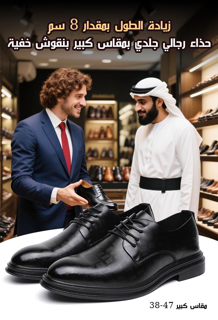 【زيادة الطول بمقدار 8 سم】 حذاء رجالي جلدي بمقاس كبير بنقوش خفية