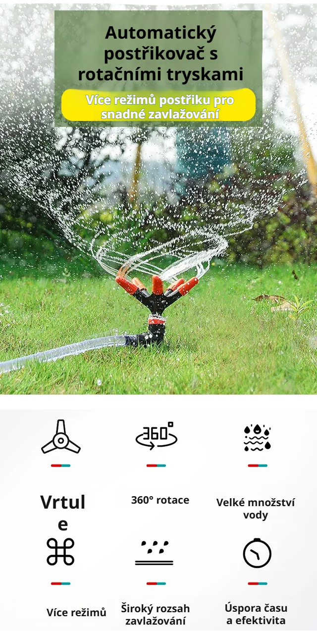 Automatický postřikovač s rotující tryskou na trávníku