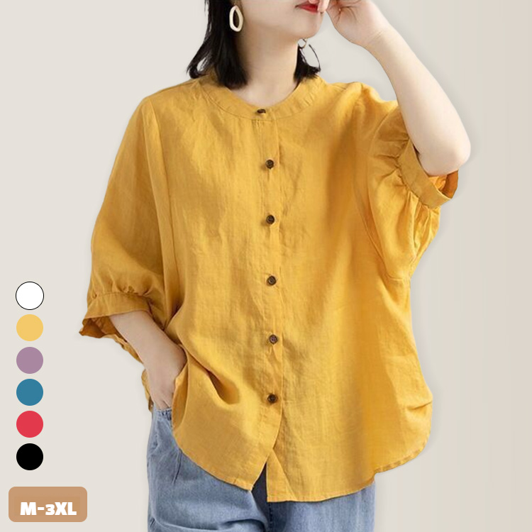 여성 빈티지 문예 벌룬 소매 셔츠 빅사이즈 루즈핏 반팔 셔츠 상의 여성 루즈핏 셔츠