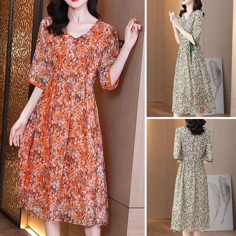 ชุดเดรสแขนห้าส่วนเก็บเอวดูผอมลง