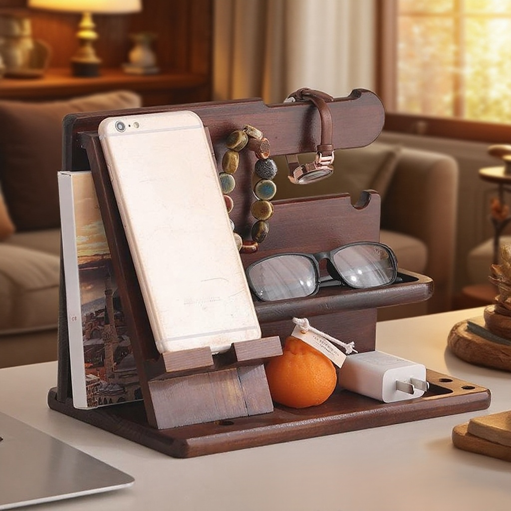 Tömörfa asztali mobiltelefon tartó, óra és kulcstartó az irodába