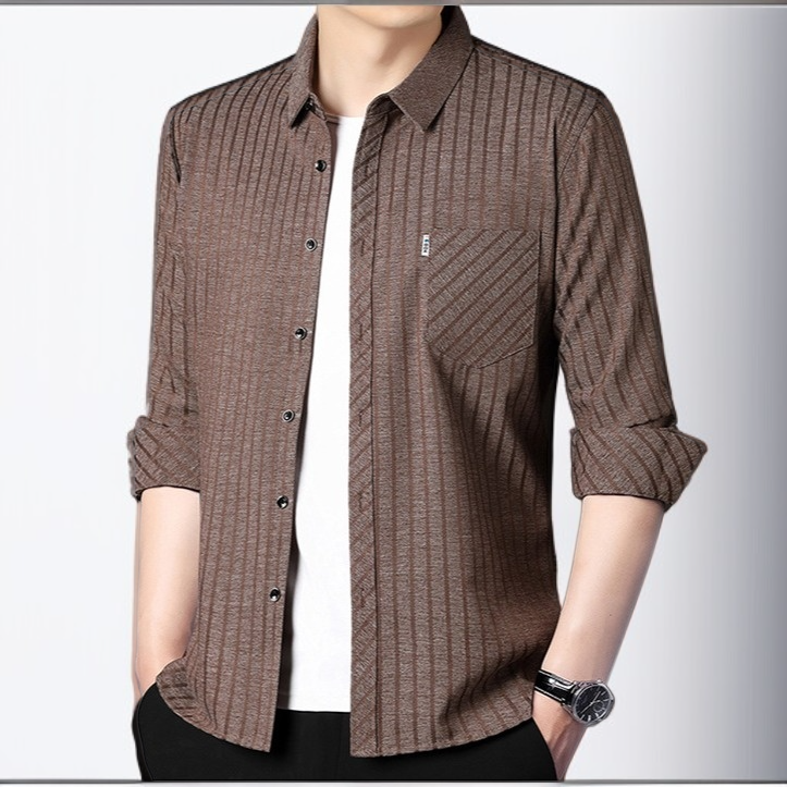 비즈니스 캐주얼 긴팔 셔츠 린넨 스트라이프 뽕나무 실크 셔츠 중년 남성 아빠룩 긴팔 셔츠