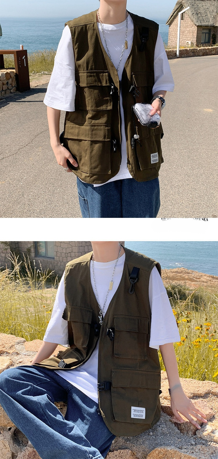 薄手ゆったりメンズワークウェアキャンバスベストサイドビュー