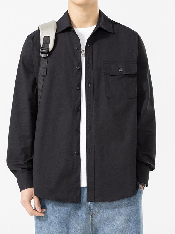 メンズ 春 コットン 長袖 シャツ ポケット付き 無地 カジュアル シャツ ジャケット