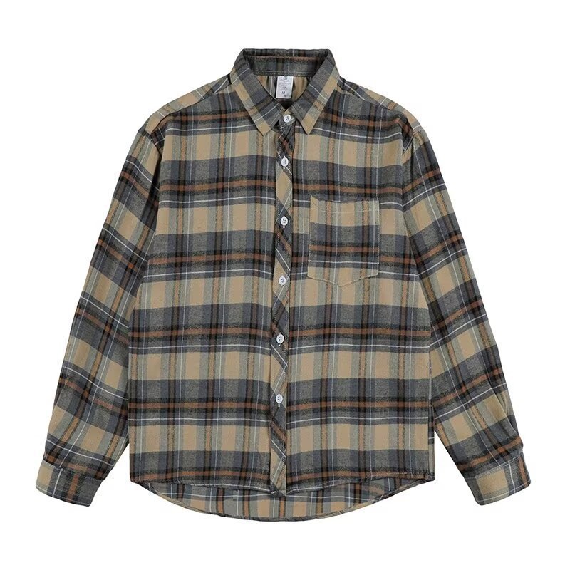 チェック柄コントラストカラー長袖シャツ春秋ゆったり学生カジュアルレトロジャケット