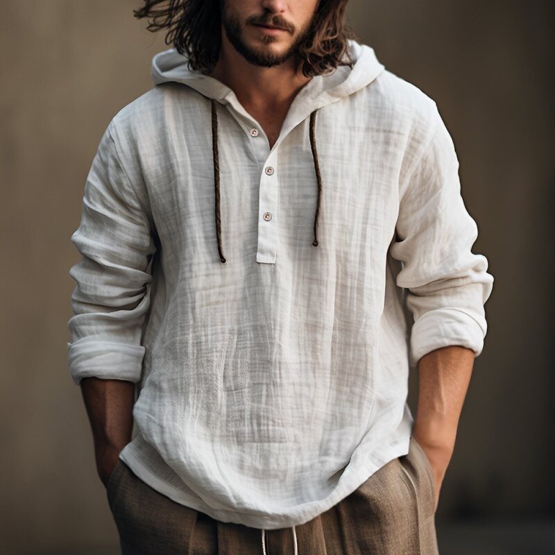 メンズ綿麻混フード付きシャツ
