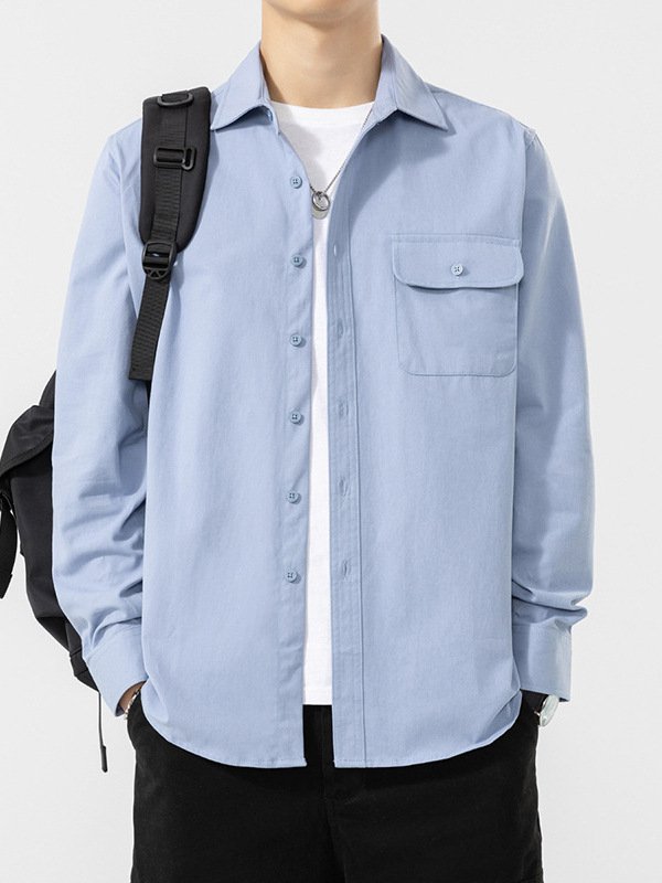 メンズ 春 コットン 長袖 シャツ ポケット付き 無地 カジュアル シャツ ジャケット