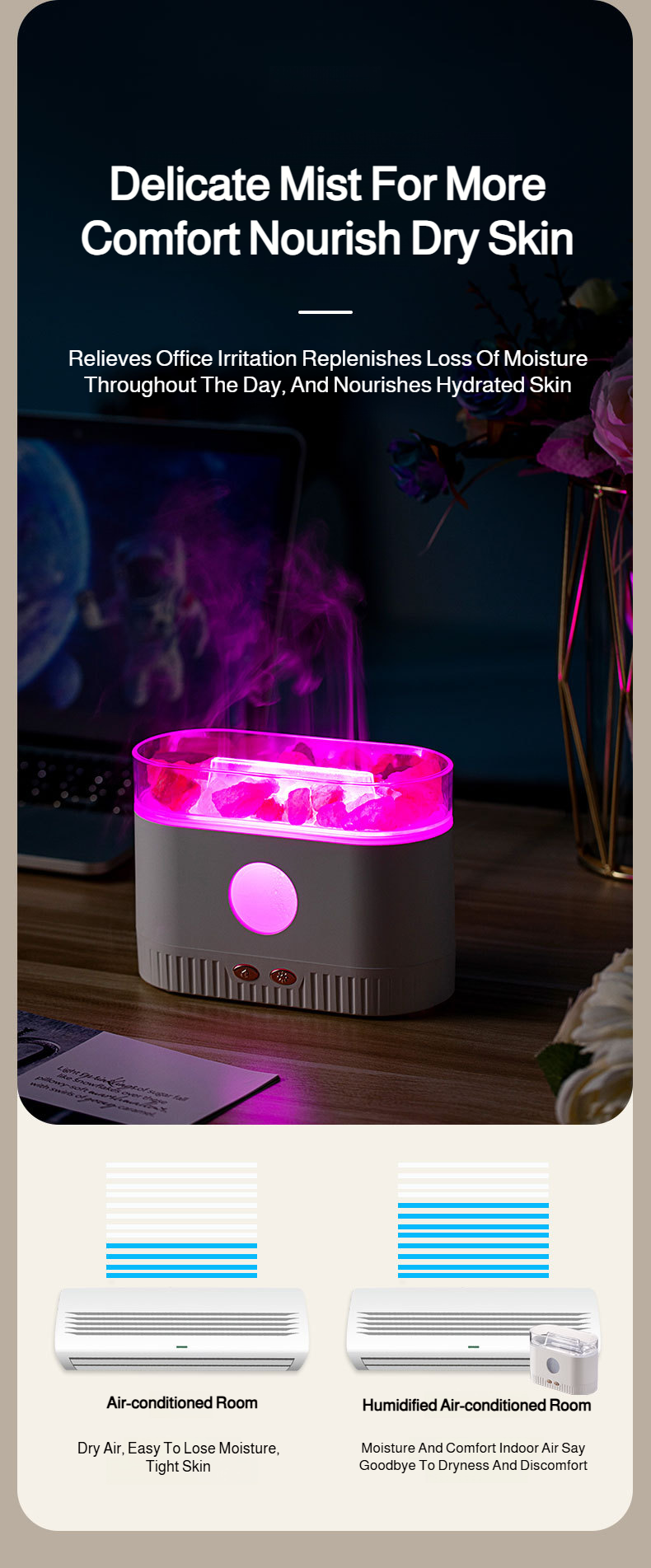 Crystal humidifier with essential oil feature and LED lights
