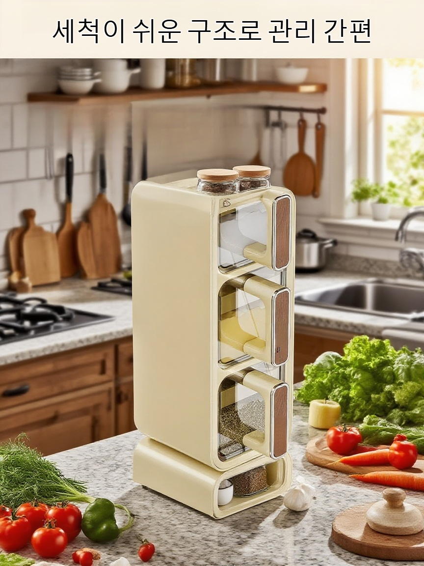 주방에 설치된 벽걸이 조미료통 사용 예시