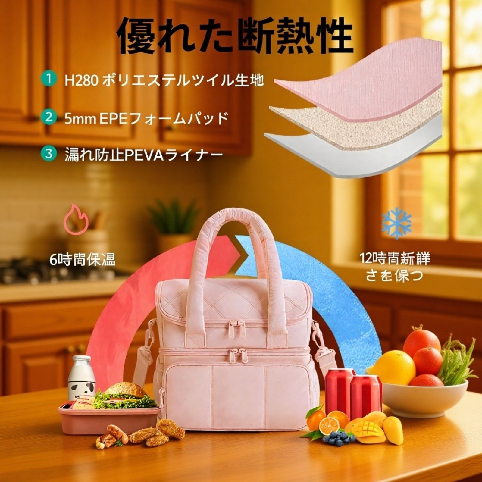 ダブルレイヤー断熱キルティングランチバッグ ピクニック保温バッグ