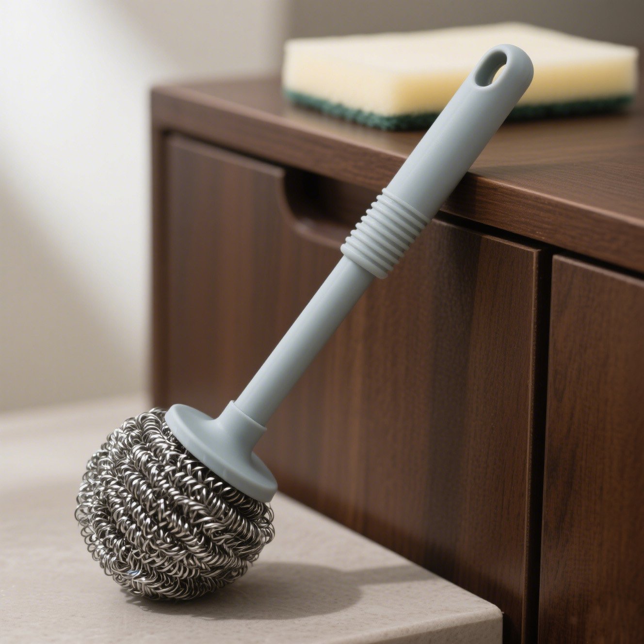 スチールウールで鍋を磨く様子