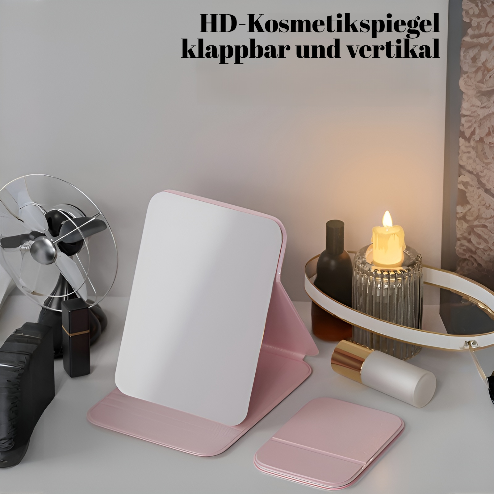 Faltbarer Schminkspiegel auf dem Schreibtisch