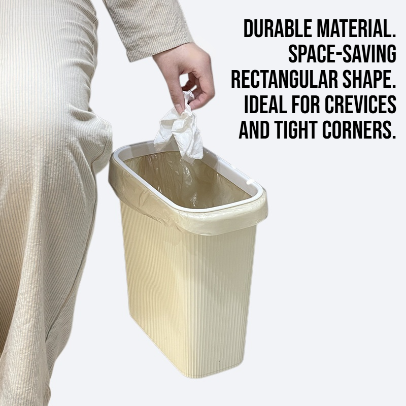 Flat rectangular garbage bin without cover for bathroom crevices