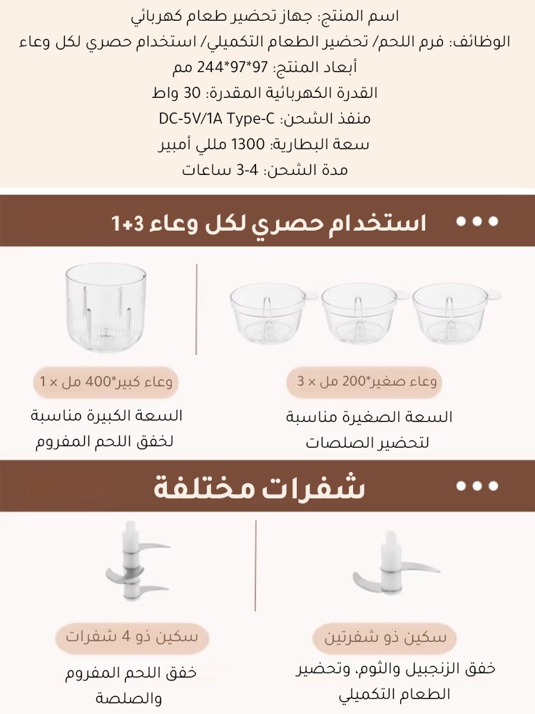 【4 أوعية وسكينان، تقطيع سريع في 6 ثوانٍ】جهاز تحضير الطعام الصغير للمطبخ