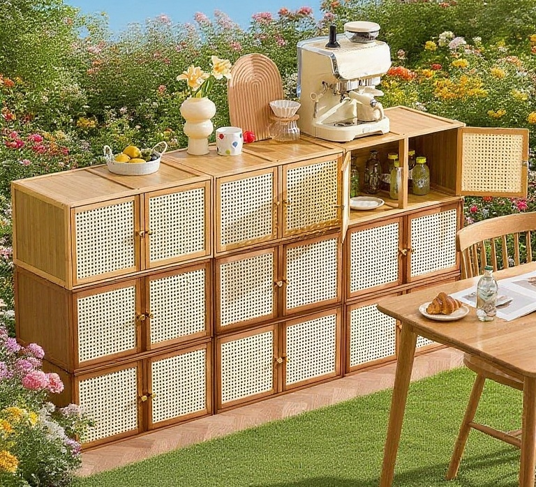 複数の実木箱を組み合わせた収納アイデア