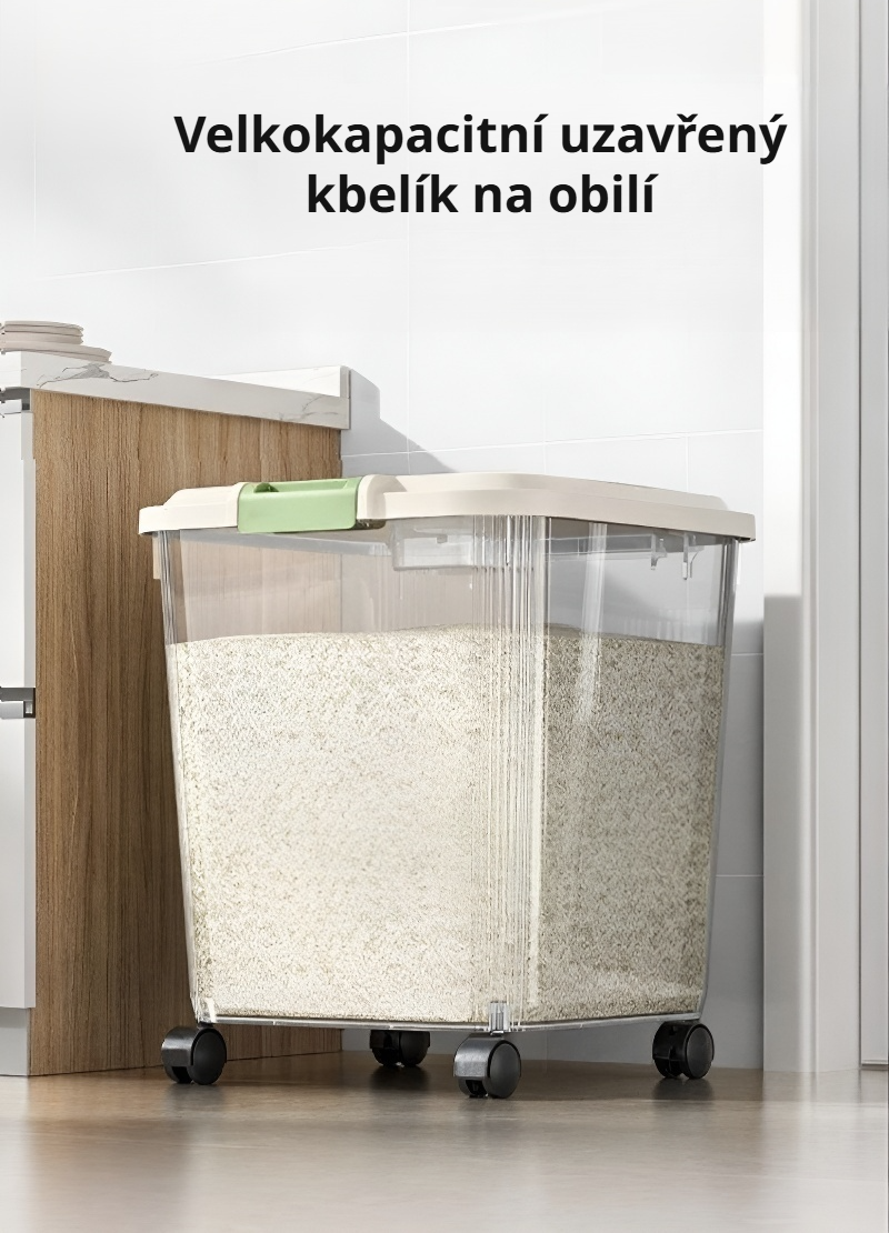 Utěsněná skladovací nádoba na rýži a mouku v kuchyni