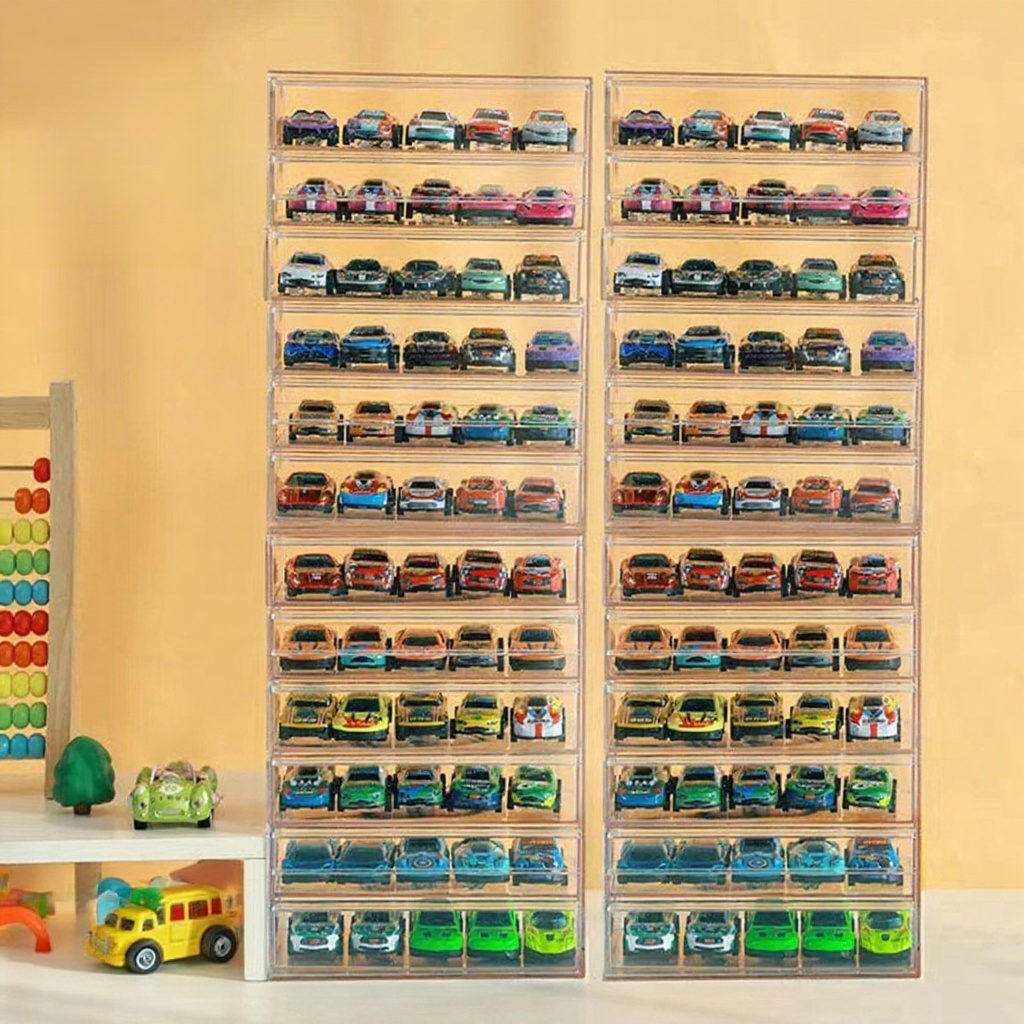 Przezroczyste pudełko na samochodziki Hot Wheels z szufladami