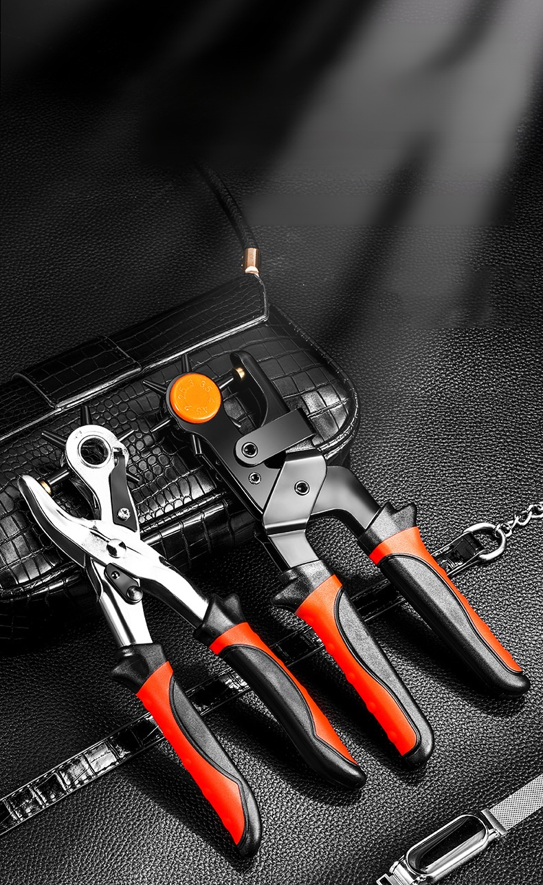 Laborsaving multi-functional belt hole punch in use on leather belt