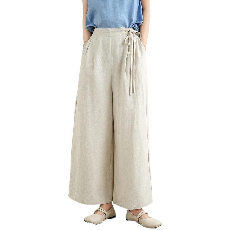レディース夏用薄手綿麻ワイドストレートパンツ 九分丈 カジュアル