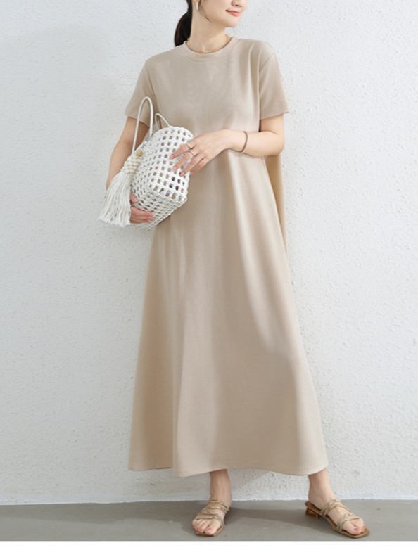 여성 루즈핏 라드 빅사이즈 패션 반팔 라운드 원피스 여름 A라인 롱스커트