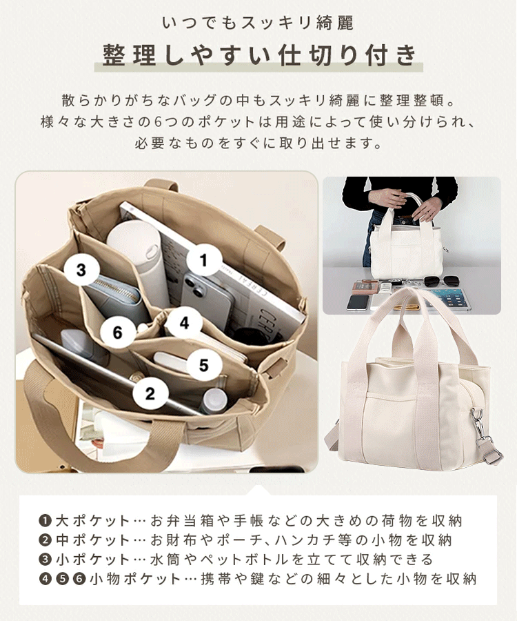 内側仕切り付きキャンバスミニトートバッグ