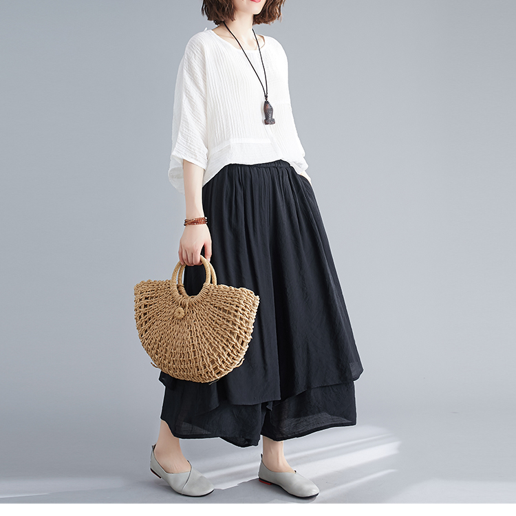 文学的な女性の夏の綿麻ワイドパンツ 無地9分丈ワイドパンツ