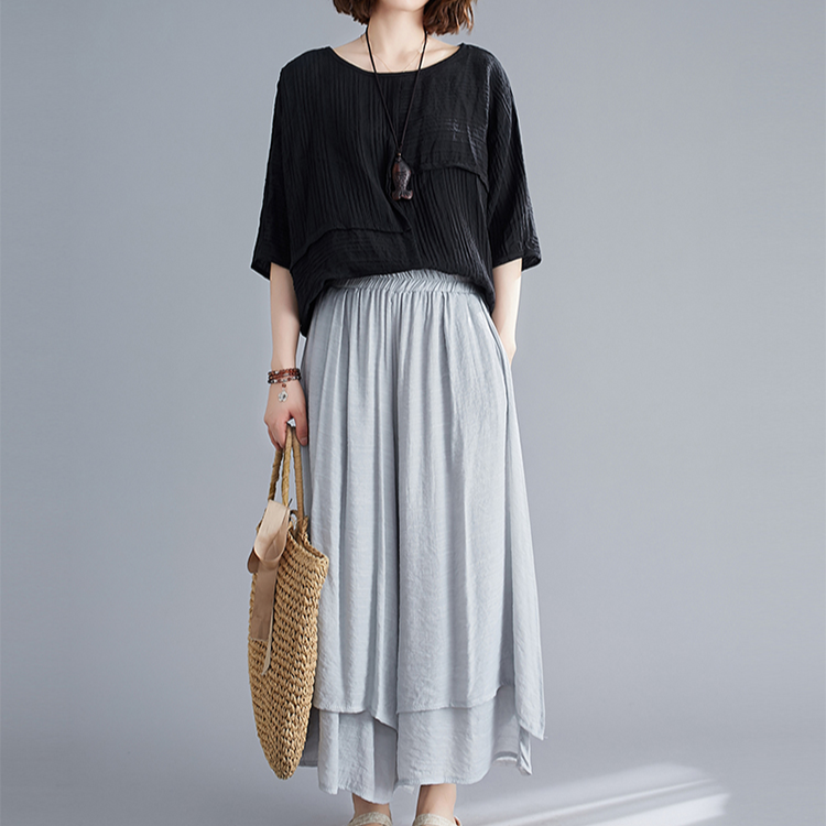 文学的な女性の夏の綿麻ワイドパンツ 無地9分丈ワイドパンツ