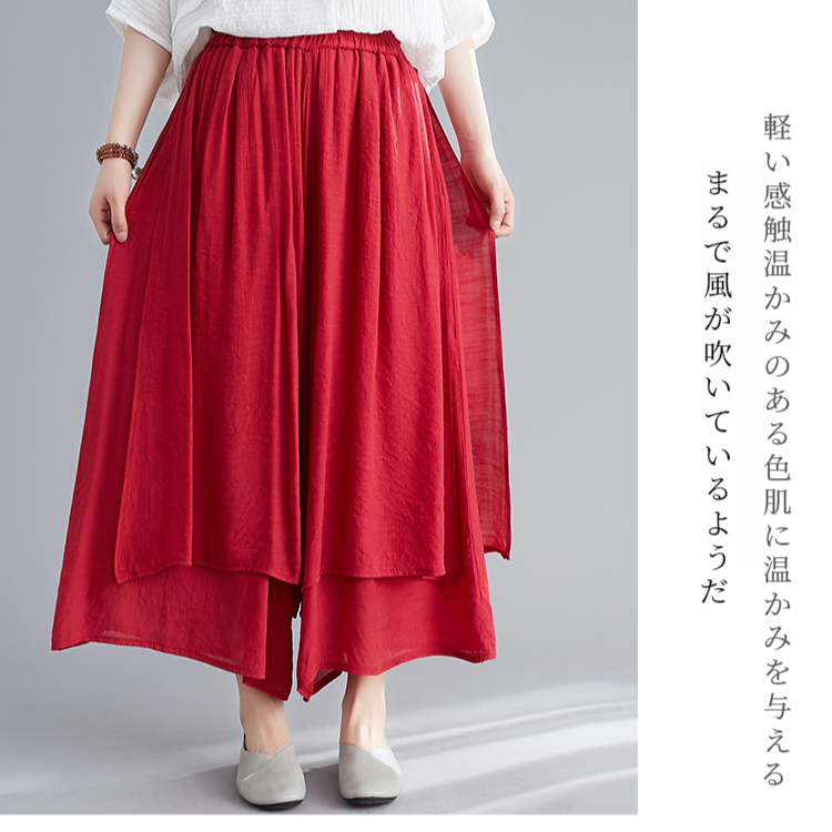 文学的な女性の夏の綿麻ワイドパンツ 無地9分丈ワイドパンツ