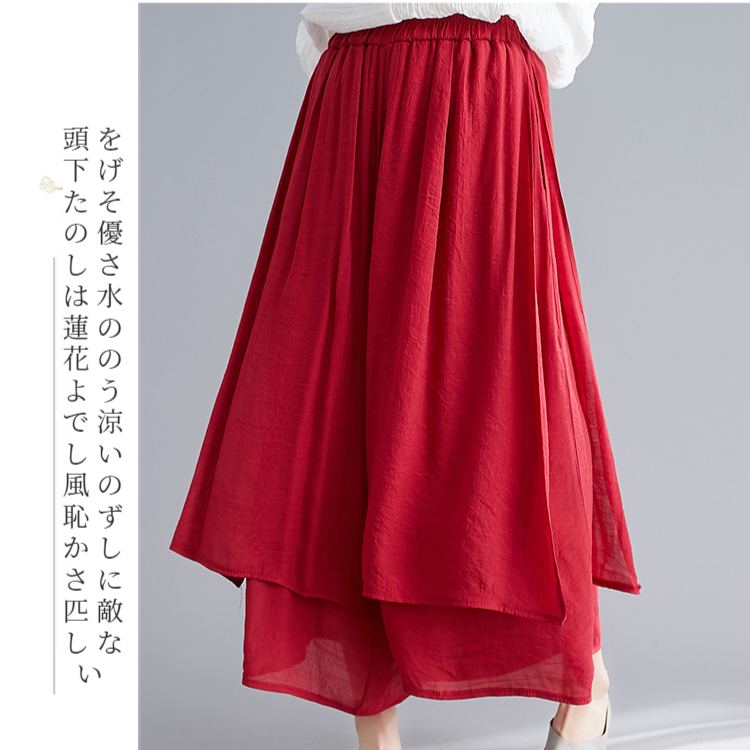 文学的な女性の夏の綿麻ワイドパンツ 無地9分丈ワイドパンツ