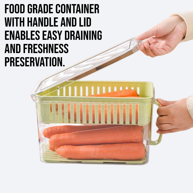Food grade container with handle and lid for draining and preserving freshness