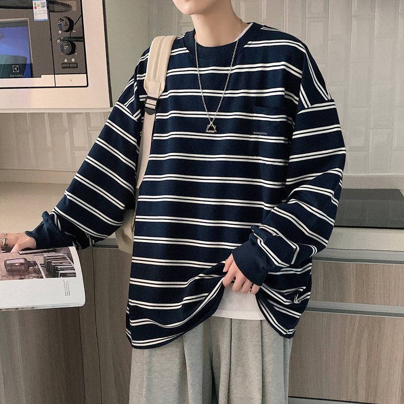 남성용 인싸 티셔츠, 트렌디한 봄가을용 긴팔 홍콩 스타일 루즈핏 베이직 셔츠